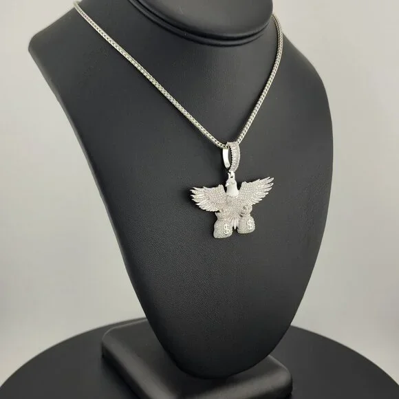 Sterling Silver 925 Flying Eagle Necklace with Two Money Bags – Bold & Symbolic